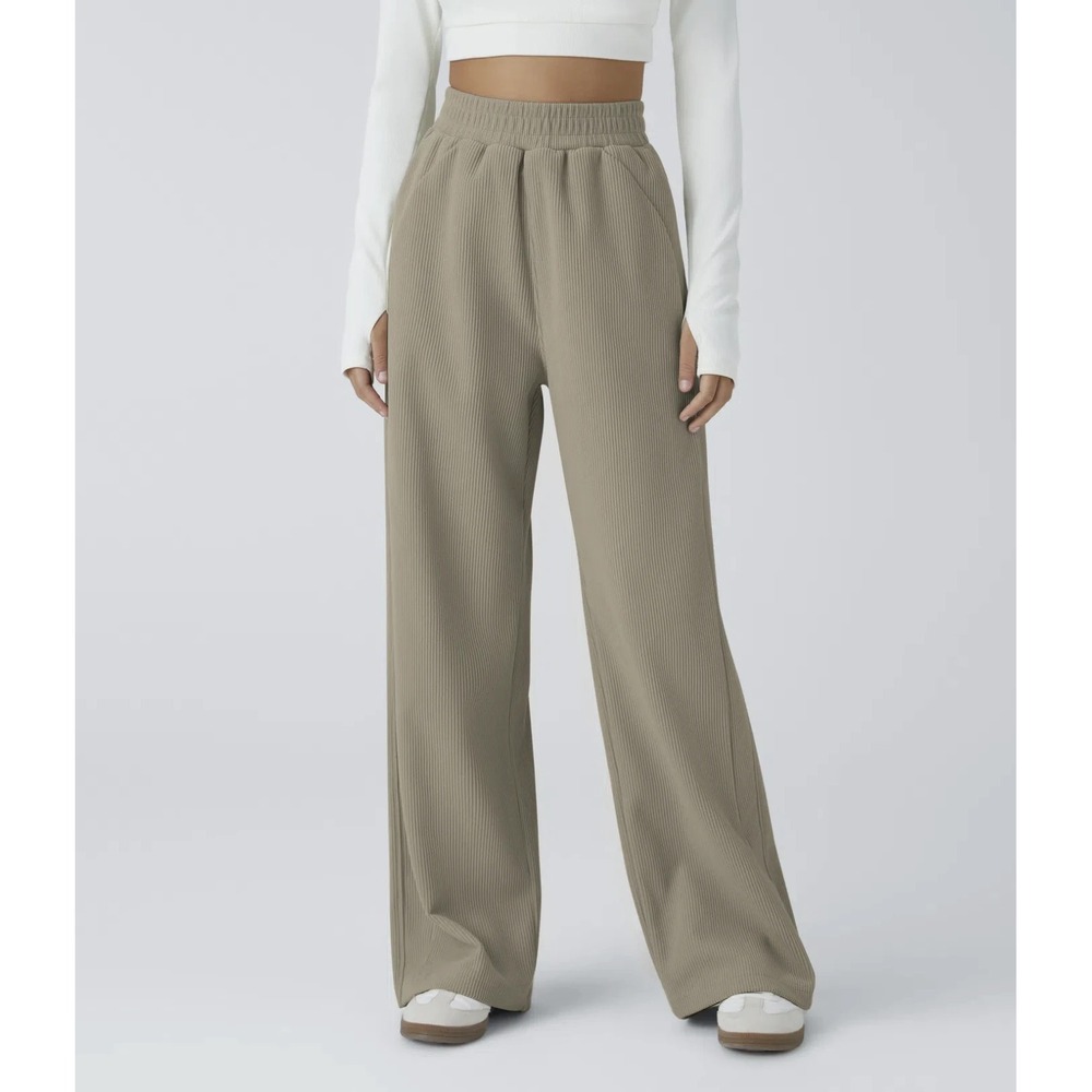 Halara High Waisted Pocket Straight Leg Mop Corduroy Casual Pants Beige Large - Picture 15 of 15